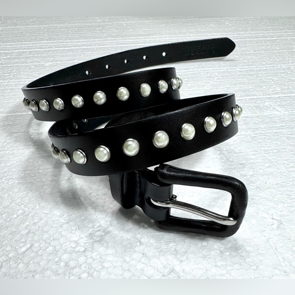 Leather Black Studded Belt with Pearls Classic
